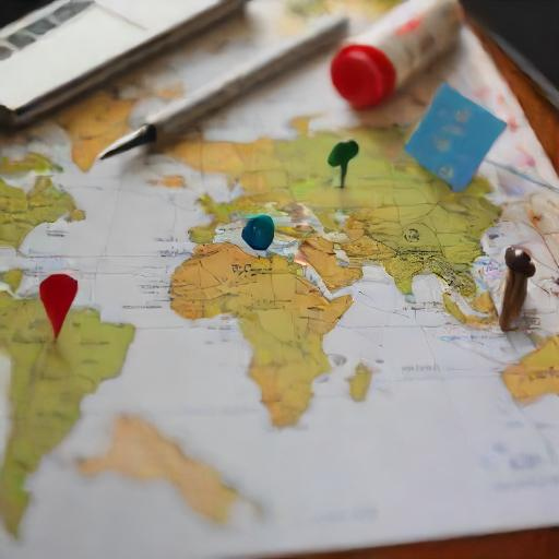A detailed map with pins on various destinations, paired with travel planning tools like a notebook, pen, and laptop.